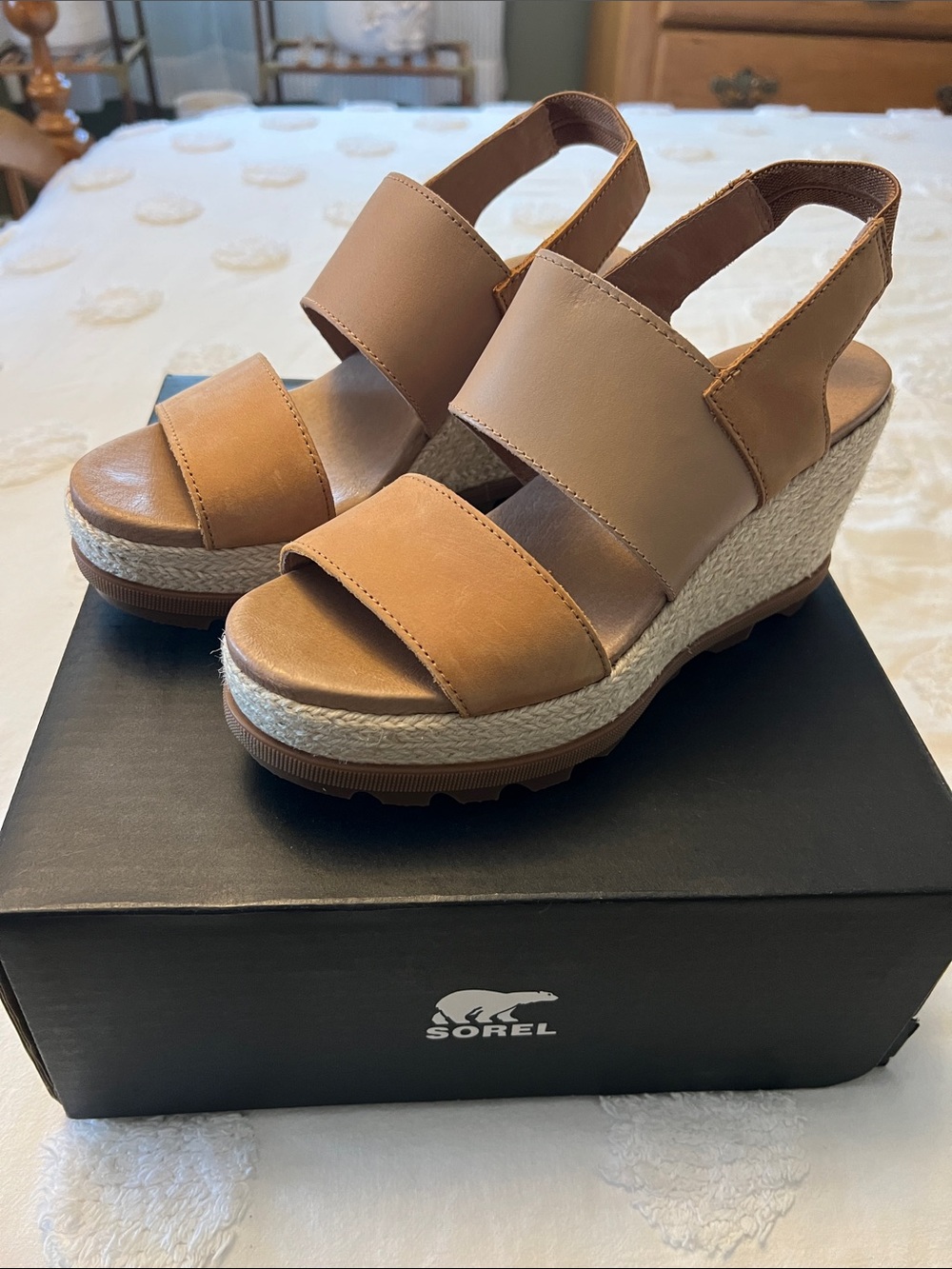 Sorel Tan and Light Brown Espadrille Wedge Sandals